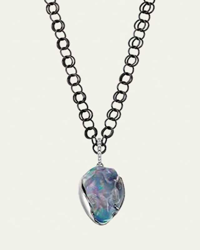 18K White Gold Water Opal Skull Pendant Necklace with Diamonds and Black Rhodium